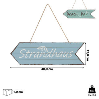 Türschild "Strandhaus"/"Beach Bar" 12x40x1cm Holz hellblau / türkis maritim Hinweisschild Richtungspfeil Türhänger Holzschild Dekoschild