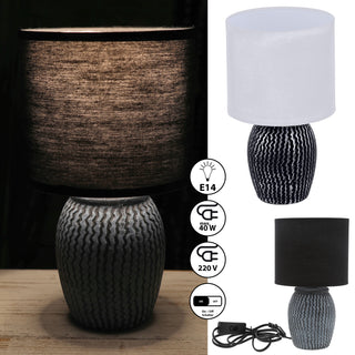 Tischleuchte "New York" schwarz 15x26cm Steingut Baumwolle Tischlampe Lampe Leuchte E14 Fassung An-/Ausschalter Lampenfuß Lampenschirm