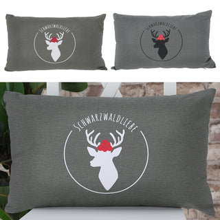 Sofakissen "Schwarzwaldliebe" 50x30cm Hirsch weiß/schwarz 280g Füllung grau Sofakissen Kuschelkissen Herz Dekokissen Reißverschluss waschbar