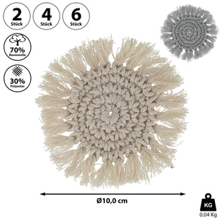 2/4/6x Makramee Untersetzer beige/grau Ø10cm Boho-Design Tischset Platzset rund Baumwolle Dekoset