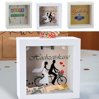 Spardose "Hochzeitskasse" "Happy Birthday" B14,5cm Sparbüchse Gelddose Bilderrahmen MDF Glas Geldgeschenk