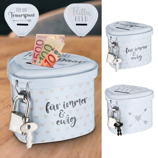 Spardose "Flittergeld" Hochzeit 8x6x7,5cm Herzform weiß Metall abschließbar Sparbüchse Büchse Gelddose