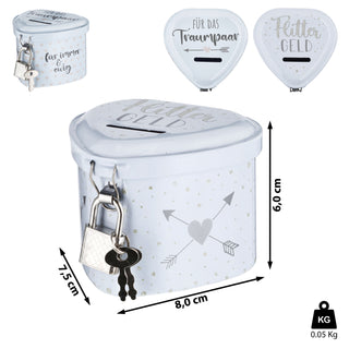 Spardose "Flittergeld" Hochzeit 8x6x7,5cm Herzform weiß Metall abschließbar Sparbüchse Büchse Gelddose
