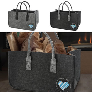Kaminholztasche Heimatliebe hell-/dunkelgrau 48x28x25cm Filz Stickerrei Henkeltasche Tasche Aufbewahrung