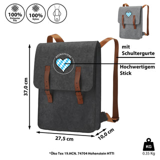 Rucksack aus Filz "Heimatliebe" hell-/dunkelgrau Gurt Riemen 27,5x37x10cm Stickerei Tasche Beutel Aufbewahrung