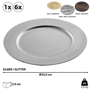 1/6x Dekoteller Tablett 'Glitter' PVC silber Ø 33cm Glitzeroptik Platzteller Kerzenteller Tischdekoration