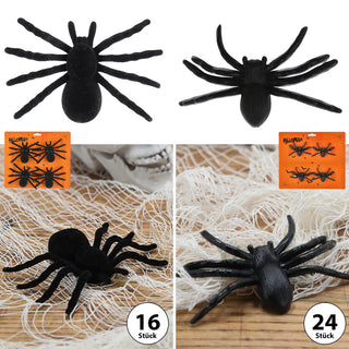 Spinnen 6x4er Set beflockt schwarz 8x6cm Kunststoff Polyester Halloween-Deko Spinne Spinnentier Gruselspinne