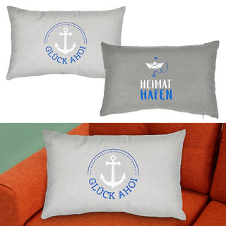 Kissen 'Heimathafen/Glück Ahoi' 50x30cm grau blau weiß Baumwolle Polyester 280g Füllung Sofakissen Kuschelkissen maritim