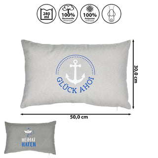 Kissen 'Heimathafen/Glück Ahoi' 50x30cm grau blau weiß Baumwolle Polyester 280g Füllung Sofakissen Kuschelkissen maritim
