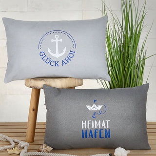 Kissen 'Heimathafen/Glück Ahoi' 50x30cm grau blau weiß Baumwolle Polyester 280g Füllung Sofakissen Kuschelkissen maritim