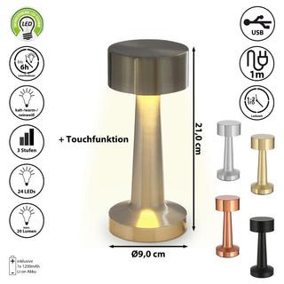 LED Tischleuchte silber / gold / kupfer / schwarz Eisen 9x21cm Touchfunktion 3 Weißtöne USB Kabel dimmbar Dekolampe Tischbeleuchtung