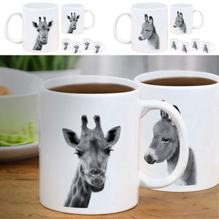 Becher 'Giraffe/Esel' 6er Set 300 ml Steinzeug 12,5x9,5x8cm weiß Henkeltasse Kaffeebecher Tasse Aufdruck Tiermotiv