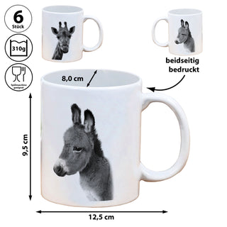 Becher 'Giraffe/Esel' 6er Set 300 ml Steinzeug 12,5x9,5x8cm weiß Henkeltasse Kaffeebecher Tasse Aufdruck Tiermotiv