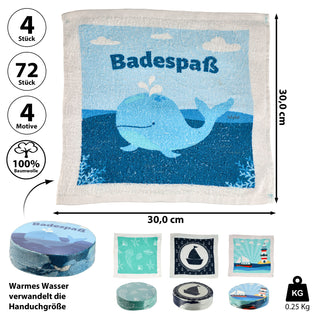 4/72x Magisches Handtuch 'Maritim' Set 4 maritime Motive 30x30cm Baumwolle Waschlappen Zaubertuch Zauberhandtuch Tuch