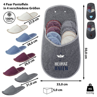Gästepantoffelset Heimatliebe/Schwarzwaldliebe/Heimathafen 4 Paar verschiedenen Größen Filz grau 33x50x5cm Hausschuhe Gästehausschuhe