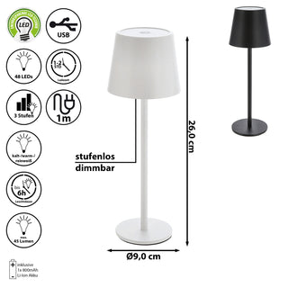 LED Tischleuchte weiß/schwarz 48 LEDs 9x26cm USB Ladefunktion Touchfunktion stufenlos dimmbar 3 Weißtöne 45 Lumen Tischbeleuchtung