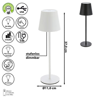 LED Tischleuchte weiß/schwarz 56 LEDs 11x37cm USB Ladefunktion Touchfunktion stufenlos dimmbar 3 Weißtöne 45 Lumen Tischbeleuchtung