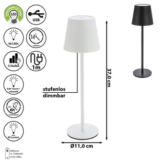 LED Tischleuchte weiß/schwarz 56 LEDs 11x37cm USB Ladefunktion Touchfunktion stufenlos dimmbar 3 Weißtöne 45 Lumen Tischbeleuchtung