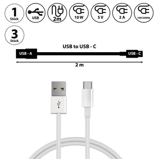 1/3x USB-C Schnellladekabel 1m/2m 5V 2A 10Watt 100-200HZ Kunststoff weiß Datenkabel Ladekabel USB-Kabel