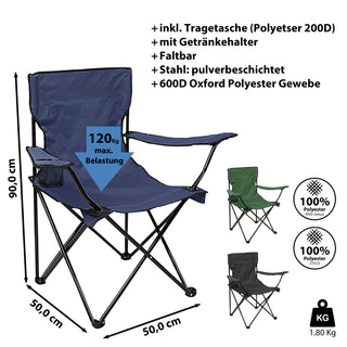 Campingstuhl faltbar blau/grün/schwarz 50x80x50cm Stahl pulverbeschichtet 600D Oxford Polyester Stuhl Getränkehalter Tragetasche bis 120KG