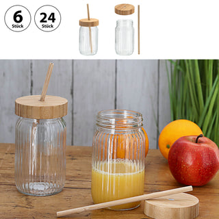 Trinkglas 6er oder 24er Set Deckel Trinkhalm Bambus Ø8cmx13,5cm 400ml Glas Getränkeglas Outdoorglas Trinkbecher