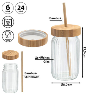 Trinkglas 6er oder 24er Set Deckel Trinkhalm Bambus Ø8cmx13,5cm 400ml Glas Getränkeglas Outdoorglas Trinkbecher