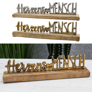 Schriftzug 'Herzensmensch' antik gold/silber 30x7,5x5cm Mangoholz Aluminium Dekoaufsteller Tischdeko Aufsteller