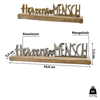 Schriftzug 'Herzensmensch' antik gold/silber 30x7,5x5cm Mangoholz Aluminium Dekoaufsteller Tischdeko Aufsteller