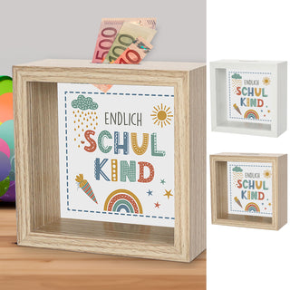 Spardose 'Endlich Schulkind' Bilderrahmen 14,5x6,5cm weiß/naturfarben MDF Glas Sparbüchse Gelddose Geldgeschenk