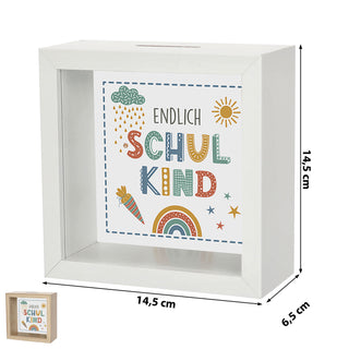 Spardose 'Endlich Schulkind' Bilderrahmen 14,5x6,5cm weiß/naturfarben MDF Glas Sparbüchse Gelddose Geldgeschenk