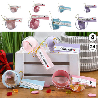 8/24x Geschenkkugel Banderole Aufdruck Set Ø6cm/ 20x2,5cm Kunststoff transparent Kugel Weihnachtsgeschenk Gutscheinkugel