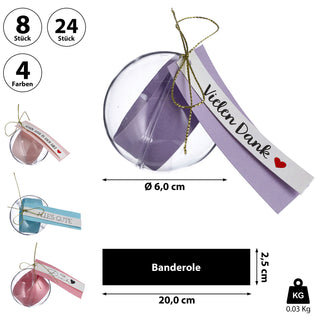 8/24x Geschenkkugel Banderole Aufdruck Set Ø6cm/ 20x2,5cm Kunststoff transparent Kugel Weihnachtsgeschenk Gutscheinkugel