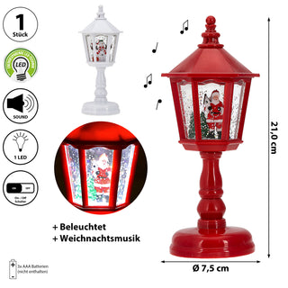 LED XMas Laterne Santa Licht Sound 7,5x21,8x7,5cm weiß / rot 1 LED Kunststoff Schneefunktion Weihnachtsmusik Weihnachtsbeleuchtung