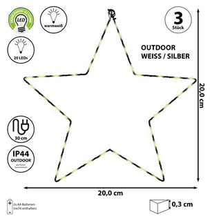 2/3x LED Stern Set weiß/silber 20/30/40 LEDs Ø:20/30/40cm Eisen Kunststoff batteriebetrieben Weihnachtsstern zum Aufhängen Leuchtstern Gartendekoration