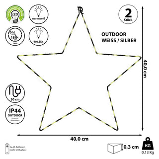 2/3x LED Stern Set weiß/silber 20/30/40 LEDs Ø:20/30/40cm Eisen Kunststoff batteriebetrieben Weihnachtsstern zum Aufhängen Leuchtstern Gartendekoration