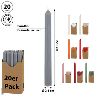 Stabkerze 20er Set weiß/creme/rosa/rubinrot/weinrot/grün/grau 2,1x22cm Paraffin Dekokerze Kerze Leuchterkerzen Wachskerze Echtwachs Brenndauer 7h