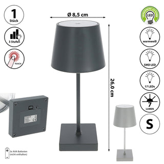 LED Tischleuchte grau / anthrazit 17 LEDs 8,5x32cm ABS PS Touchfunktion batteriebetrieben warmweiß 3 Helligkeitsstufen 7 Lumen Tischbeleuchtung