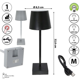 LED Tischleuchte hellgrau/schwarz 17 LEDs 8,5x32cm USB Ladefunktion Touchfunktion 3 Helligkeitsstufen 35 Lumen Tischbeleuchtung