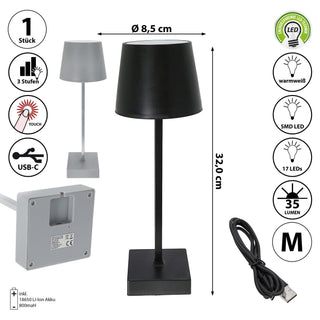 LED Tischleuchte hellgrau/schwarz 17 LEDs 8,5x32cm USB Ladefunktion Touchfunktion 3 Helligkeitsstufen 35 Lumen Tischbeleuchtung