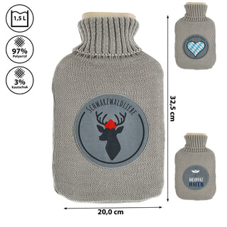 Wärmflasche Schwarzwaldliebe/Heimatliebe/Heimathafen 20x32,5x5cm grau Polyacryl Polyester Kautschuk Bettflasche Thermophor Füllmenge 1,5 Liter