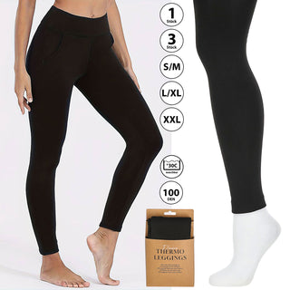 1/3x Damen Thermoleggings mit Taschen S/M | L/XL | XXL schwarz 100 DEN Polyester Elasthan Leggings Thermohose elastisch warm