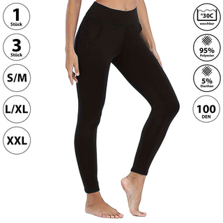 1/3x Damen Thermoleggings mit Taschen S/M | L/XL | XXL schwarz 100 DEN Polyester Elasthan Leggings Thermohose elastisch warm
