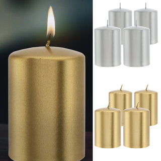 Stumpenkerze 4er Set gold/silber rund Ø6,8x10cm Paraffin Dekokerze metallisch Blockkerze Wachskerze Brenndauer 40h