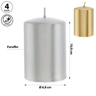 Stumpenkerze 4er Set gold/silber rund Ø6,8x10cm Paraffin Dekokerze metallisch Blockkerze Wachskerze Brenndauer 40h