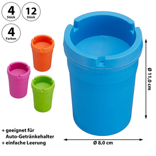 4/12x Reiseaschenbecher Set 8x11x8cm grün pink blau orange Kunststoff Deckel abnehmbar Tischaschenbecher Ascher