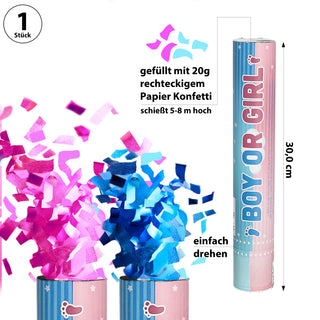 Party-Popper 'Boy or Girl' für Mädels/Jungs 30cm Papier rosa/hellblau Konfettikanone Konfettiregen Geburt Junge ohne Pyrotechnik 5-8m