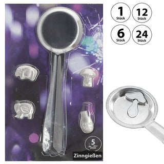 Zinngieß-Set 5tlg. Gieß-Löffel 4 Hohlfiguren 13,5x21cm Zinn silberfarben Silvesterbrauch Deutungstabelle Zinngießen