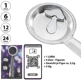 Zinngieß-Set 5tlg. Gieß-Löffel 4 Hohlfiguren 13,5x21cm Zinn silberfarben Silvesterbrauch Deutungstabelle Zinngießen