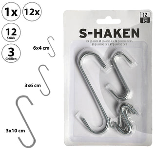 12/144x S-Haken Set 3 Größen Eisen silber Doppelhaken Metallhaken s-förmig Haken zum Aufhängen