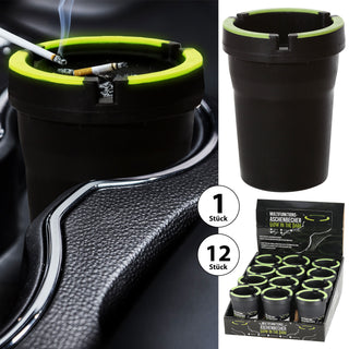 1/12x Reiseaschenbecher 'Glow in the Dark' schwarz neongrün 8x11x8cm Kunststoff fluoreszierend Deckel abnehmbar Tischaschenbecher